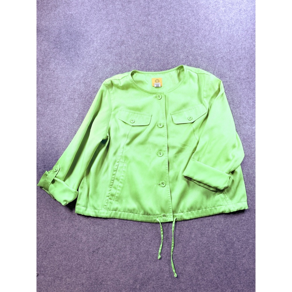 Ruby Rd Womens Lime Green Shimmer Button Front Jacket Size 14 Roll Tab Sleeve